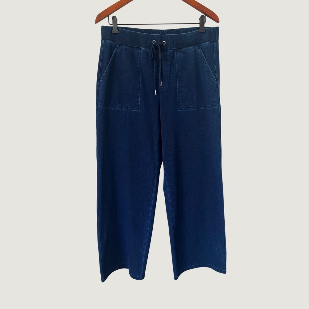 Denim & Co. Womens Indigo Wide Leg Crop Pants Drawstring Waist Medium Petite